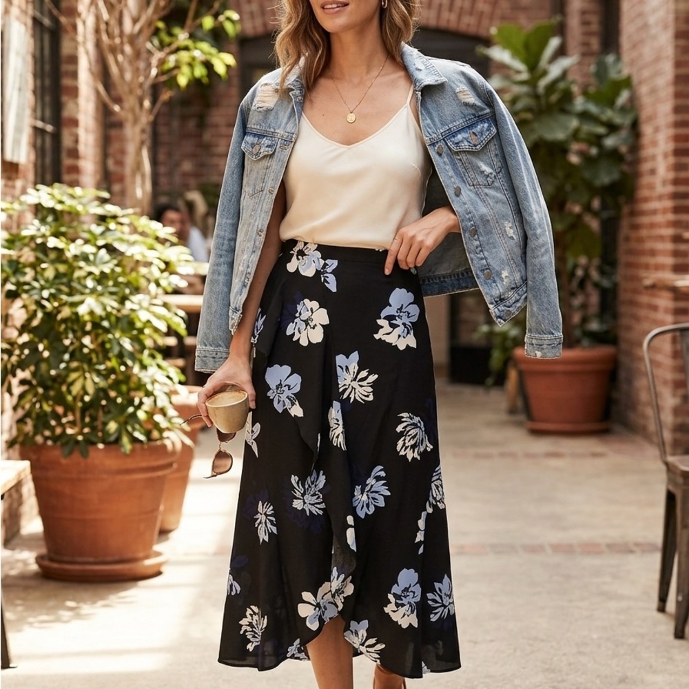 Banana Republic Floral Black Midi Skirt with Blue and White Blooms